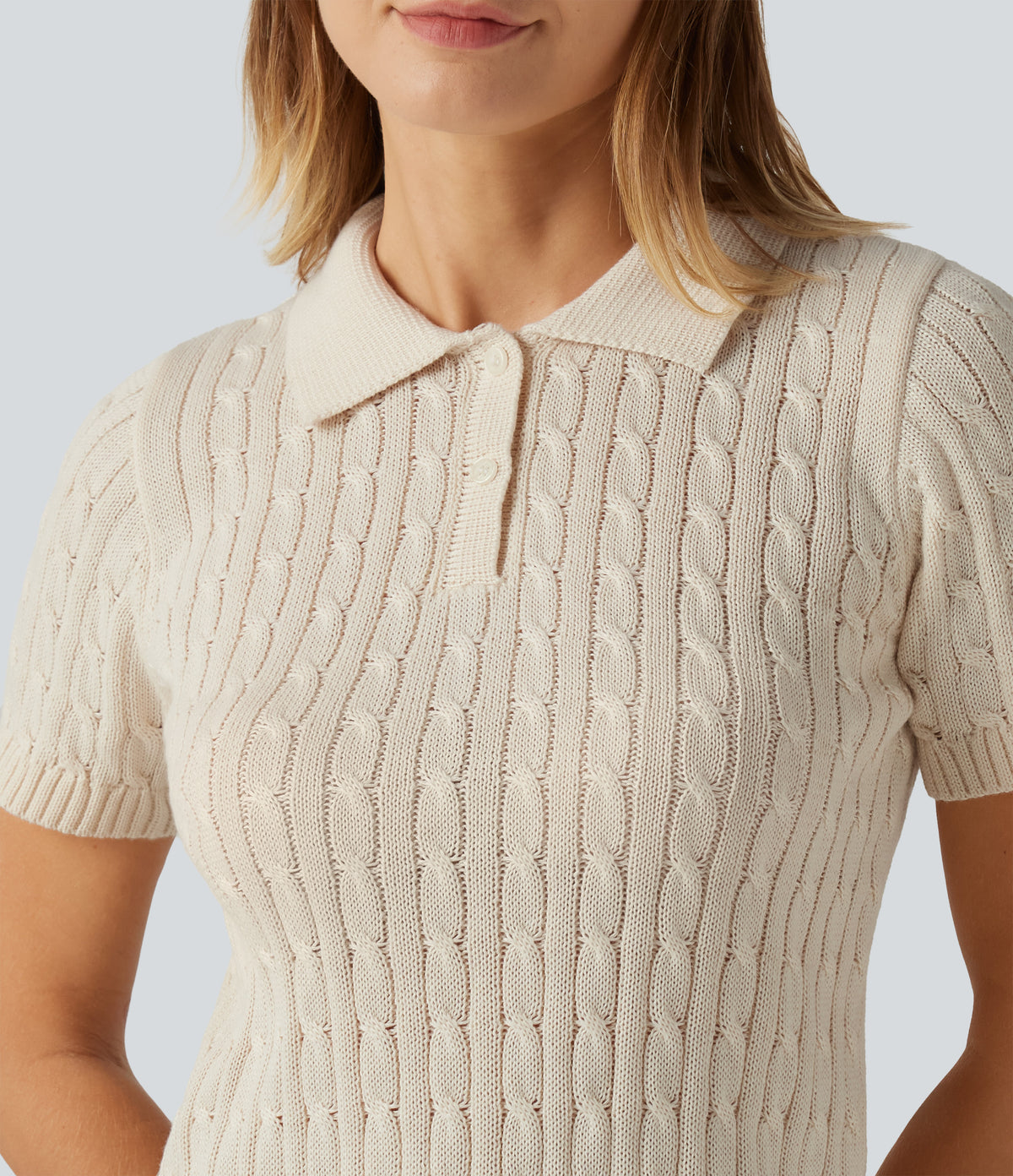Polo Short Sleeve Cable Knit Work Jumper — Sandshell — view 6