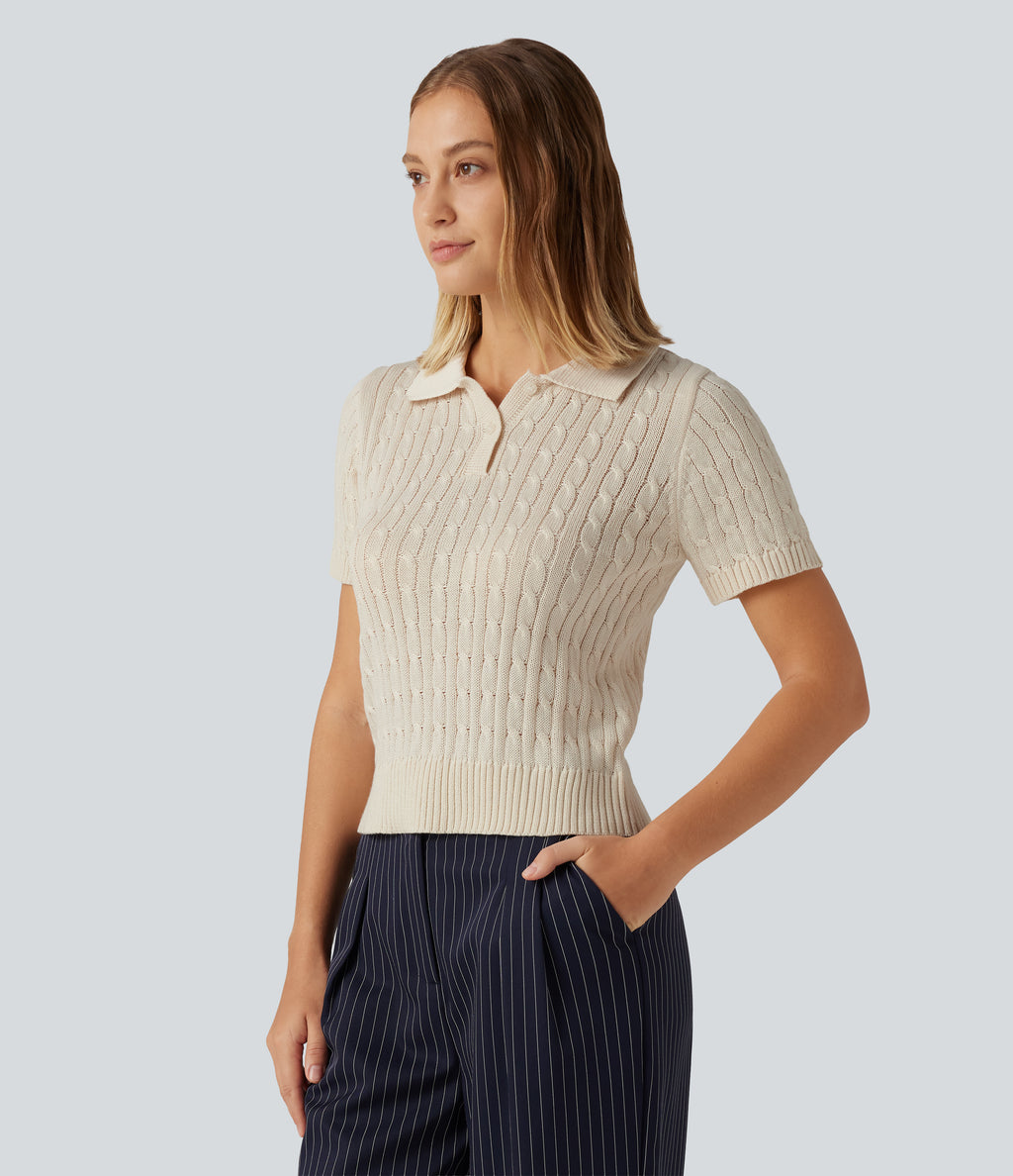 Polo Short Sleeve Cable Knit Work Jumper — Sandshell — view 3