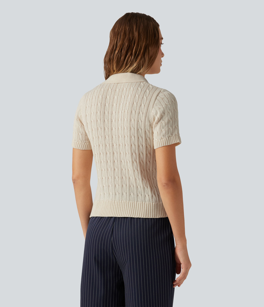 Polo Short Sleeve Cable Knit Work Jumper — Sandshell — view 2