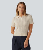 Polo Short Sleeve Cable Knit Work Jumper — Sandshell — view 7