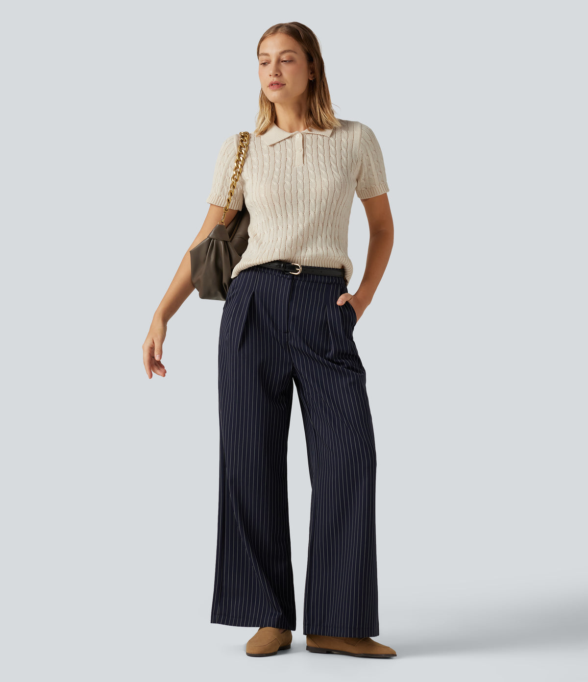 Polo Short Sleeve Cable Knit Work Jumper — Sandshell — view 4