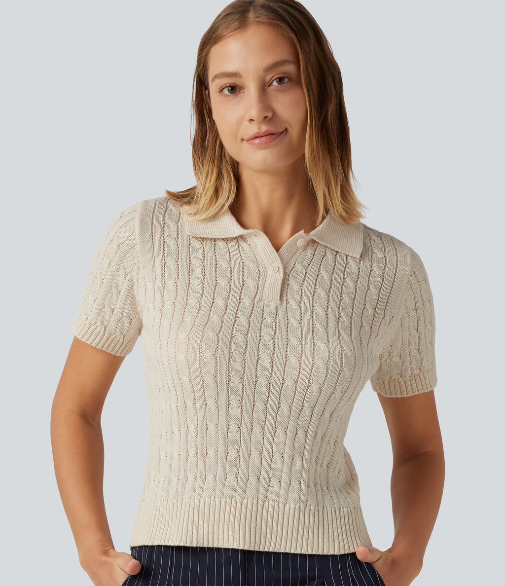 Polo Short Sleeve Cable Knit Work Jumper — Sandshell — view 1