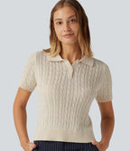 Polo Short Sleeve Cable Knit Work Jumper — Sandshell — view 1