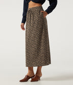 High Waisted Drawstring Leopard Print A-Line Casual Midi Skirt with Pockets — Black Coffee Leopard Print — view 3