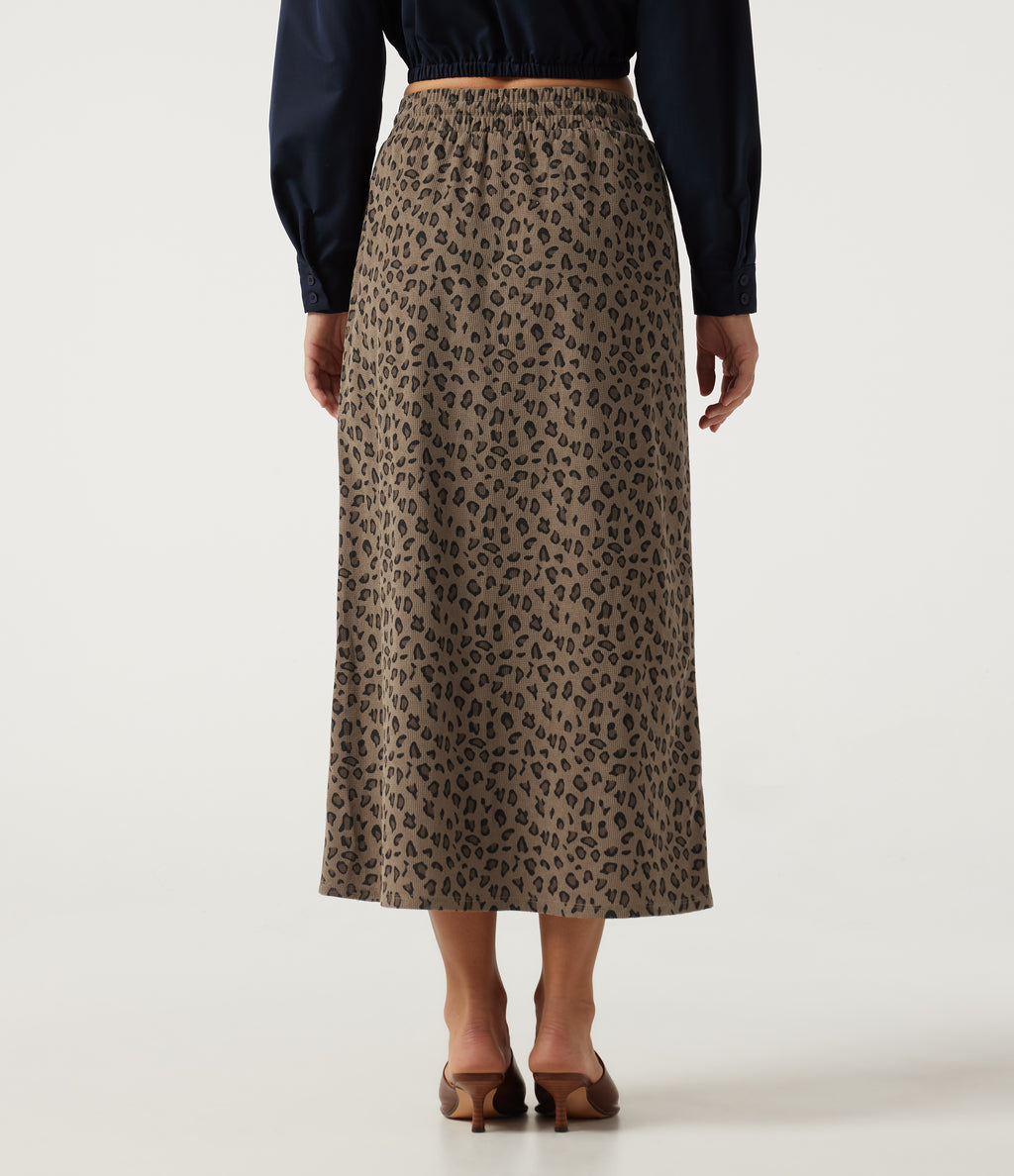 High Waisted Drawstring Leopard Print A-Line Casual Midi Skirt with Pockets — Black Coffee Leopard Print — view 2