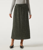 High Waisted Drawstring Leopard Print A-Line Casual Midi Skirt with Pockets — Leopard Green — view 6