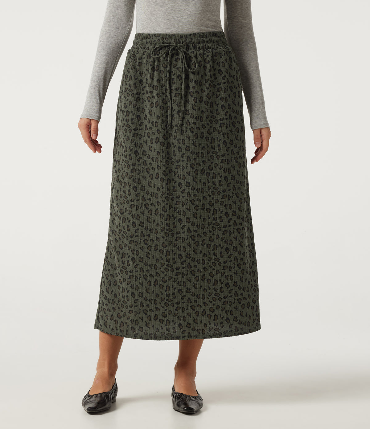 High Waisted Drawstring Leopard Print A-Line Casual Midi Skirt with Pockets — Leopard Green — view 6