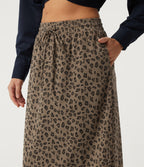 High Waisted Drawstring Leopard Print A-Line Casual Midi Skirt with Pockets — Black Coffee Leopard Print — view 4