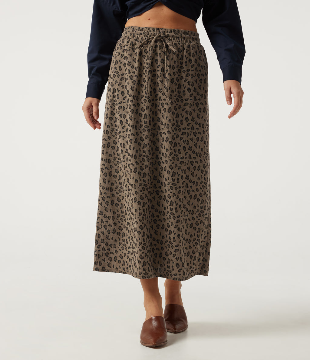 High Waisted Drawstring Leopard Print A-Line Casual Midi Skirt with Pockets — Black Coffee Leopard Print — view 1