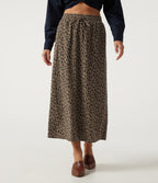 High Waisted Drawstring Leopard Print A-Line Casual Midi Skirt with Pockets — Black Coffee Leopard Print — view 1