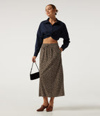 High Waisted Drawstring Leopard Print A-Line Casual Midi Skirt with Pockets — Black Coffee Leopard Print — view 5