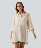 Collared 3/4 Sleeve Curved Hem Linen-Feel Oversized Casual Shirts — Vanilla Ice — view 3