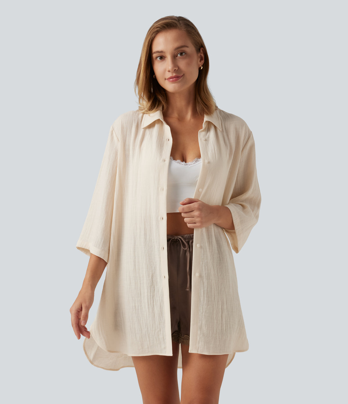 Collared 3/4 Sleeve Curved Hem Linen-Feel Oversized Casual Shirts — Vanilla Ice — view 5