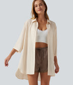 Collared 3/4 Sleeve Curved Hem Linen-Feel Oversized Casual Shirts — Vanilla Ice — view 1