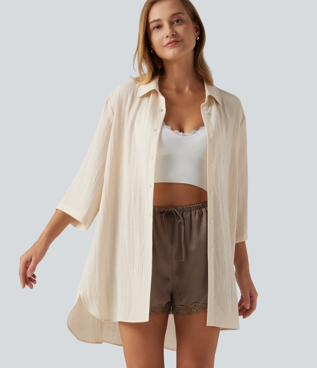 Collared 3/4 Sleeve Curved Hem Linen-Feel Oversized Casual Shirts — Vanilla Ice — view 1