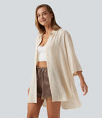 Collared 3/4 Sleeve Curved Hem Linen-Feel Oversized Casual Shirts — Vanilla Ice — view 4