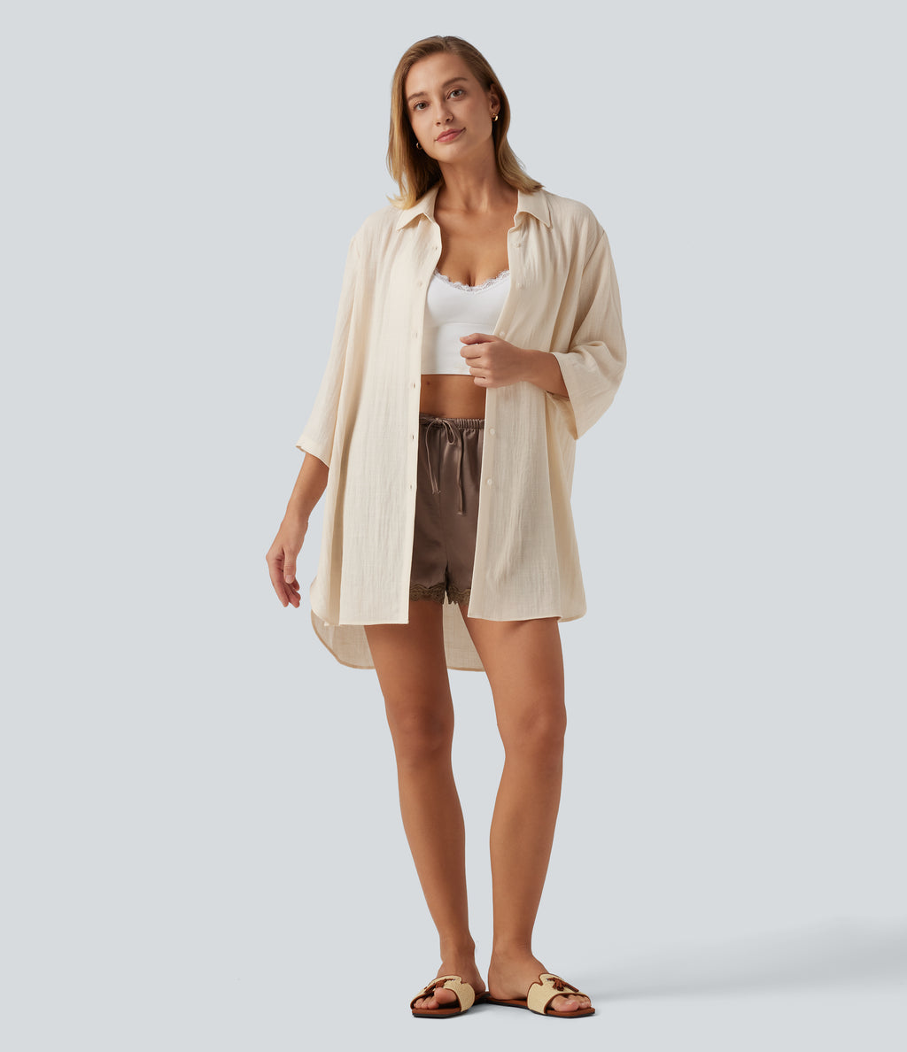 Collared 3/4 Sleeve Curved Hem Linen-Feel Oversized Casual Shirts — Vanilla Ice — view 6