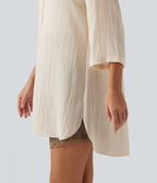 Collared 3/4 Sleeve Curved Hem Linen-Feel Oversized Casual Shirts — Vanilla Ice — view 8