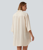 Collared 3/4 Sleeve Curved Hem Linen-Feel Oversized Casual Shirts — Vanilla Ice — view 2