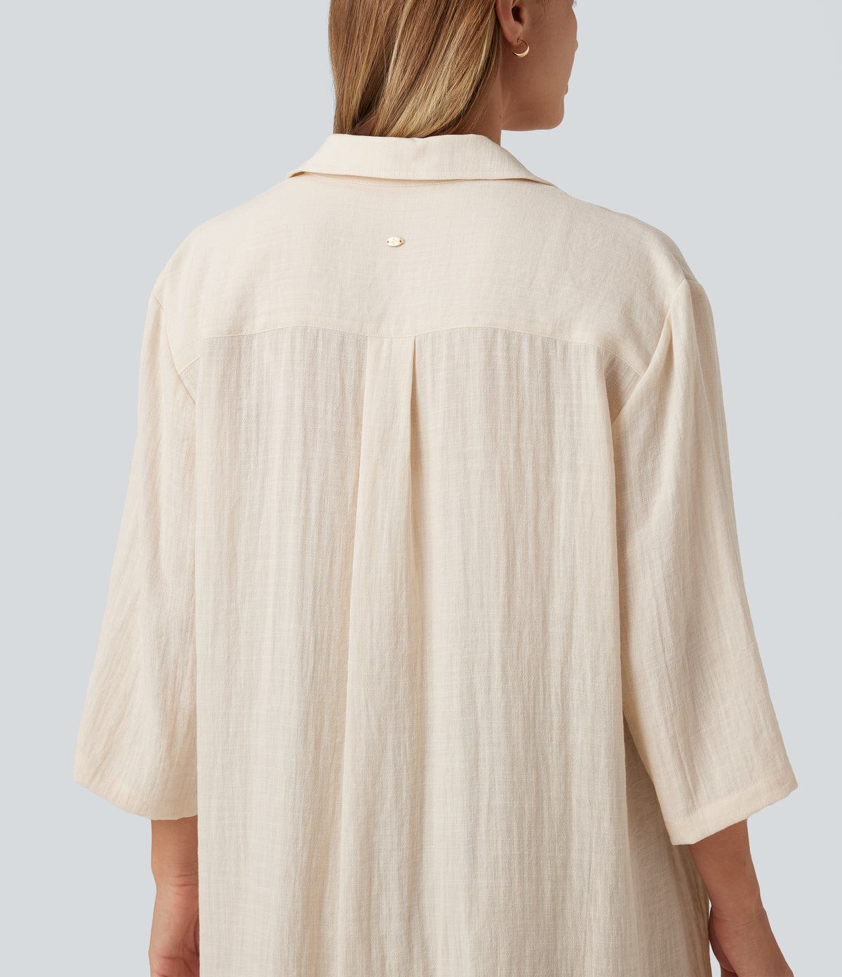 Collared 3/4 Sleeve Curved Hem Linen-Feel Oversized Casual Shirts — Vanilla Ice — view 7
