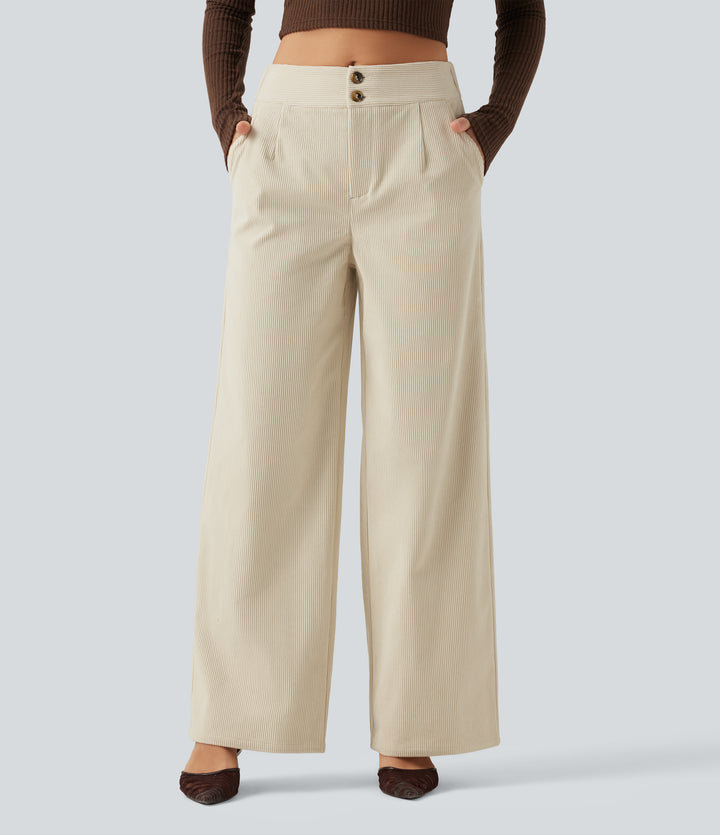 Mid Rise Wide Leg Corduroy Casual Trousers with Pockets — Cream Mist Ribbed — view 1