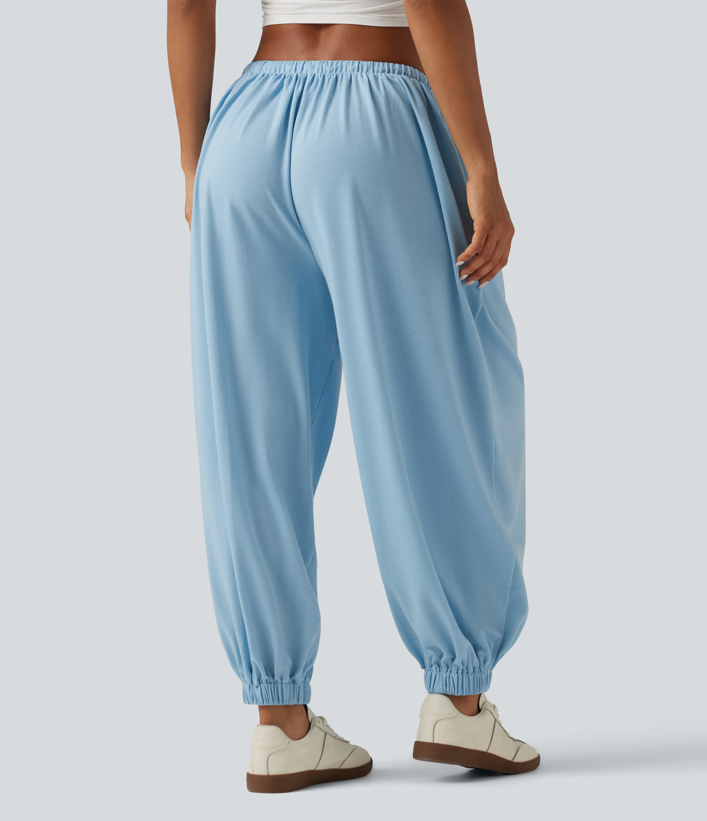 Low Rise Drawstring Oversized Casual Bubble Sweatpants with Pockets — Airy Blue — view 2