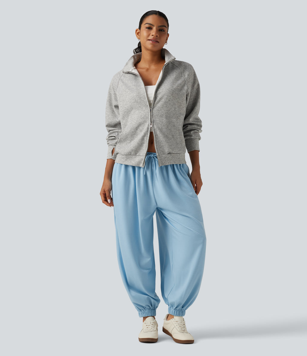 Low Rise Drawstring Oversized Casual Bubble Sweatpants with Pockets — Airy Blue — view 7