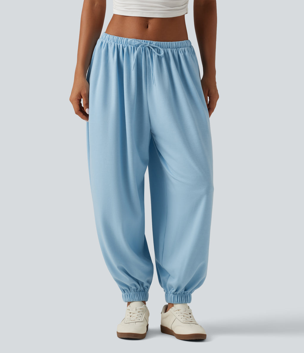 Low Rise Drawstring Oversized Casual Bubble Sweatpants with Pockets — Airy Blue — view 1