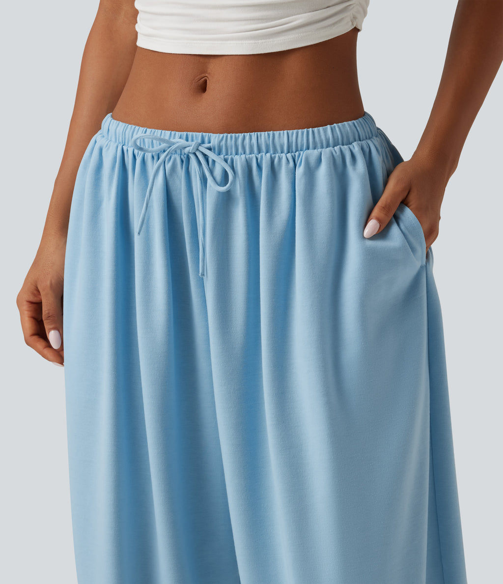 Low Rise Drawstring Oversized Casual Bubble Sweatpants with Pockets — Airy Blue — view 6
