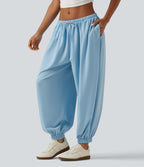 Low Rise Drawstring Oversized Casual Bubble Sweatpants with Pockets — Airy Blue — view 3