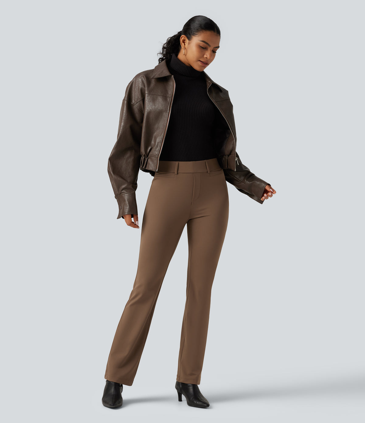 Wrinkle Recovery Mid Rise Bootcut Work Trousers with Pockets — Sepia — view 7