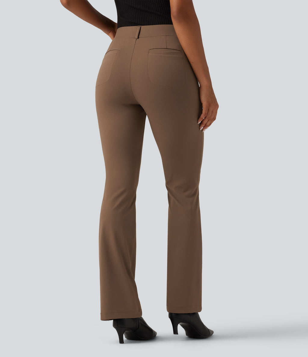 Wrinkle Recovery Mid Rise Bootcut Work Trousers with Pockets — Sepia — view 2