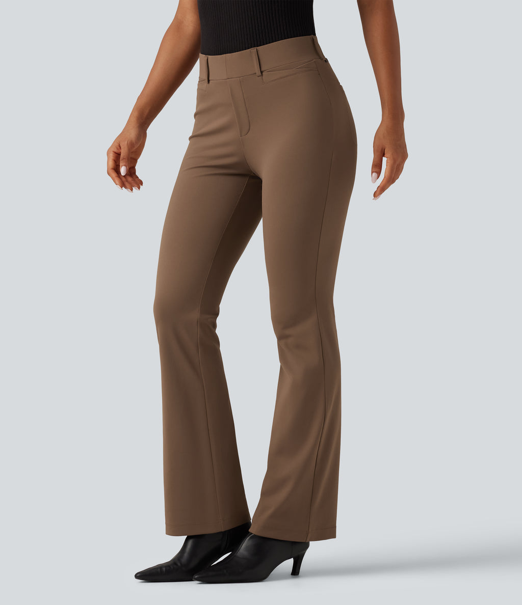Wrinkle Recovery Mid Rise Bootcut Work Trousers with Pockets — Sepia — view 3