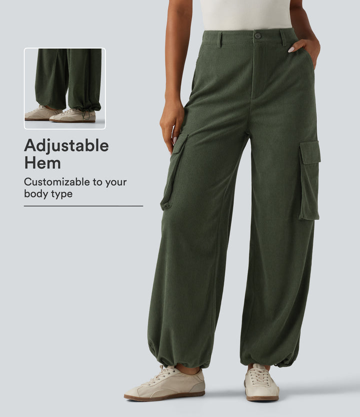 High Waisted Straight Leg Gathered Hem Corduroy Cargo Casual Trousers with Pockets — Rifle Green — view 1