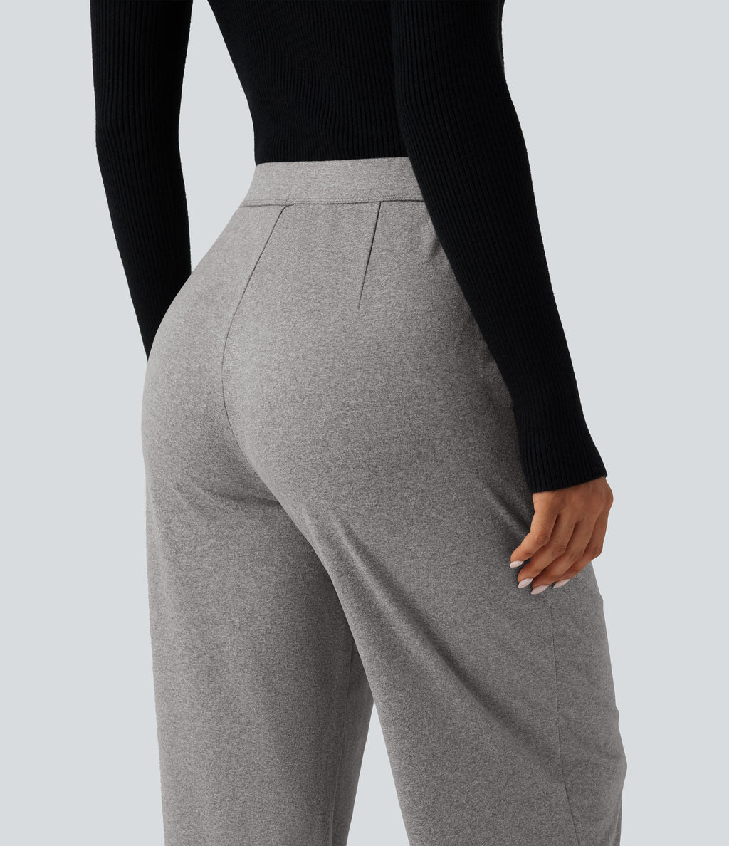High Waisted Heathered Pleated Wide Leg Casual Trousers with Pockets — Fog Gray — view 6