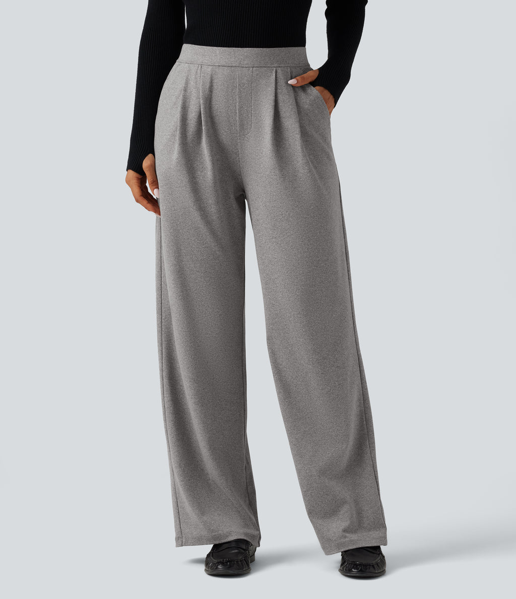 High Waisted Heathered Pleated Wide Leg Casual Trousers with Pockets — Fog Gray — view 3