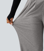 High Waisted Heathered Pleated Wide Leg Casual Trousers with Pockets — Fog Gray — view 4