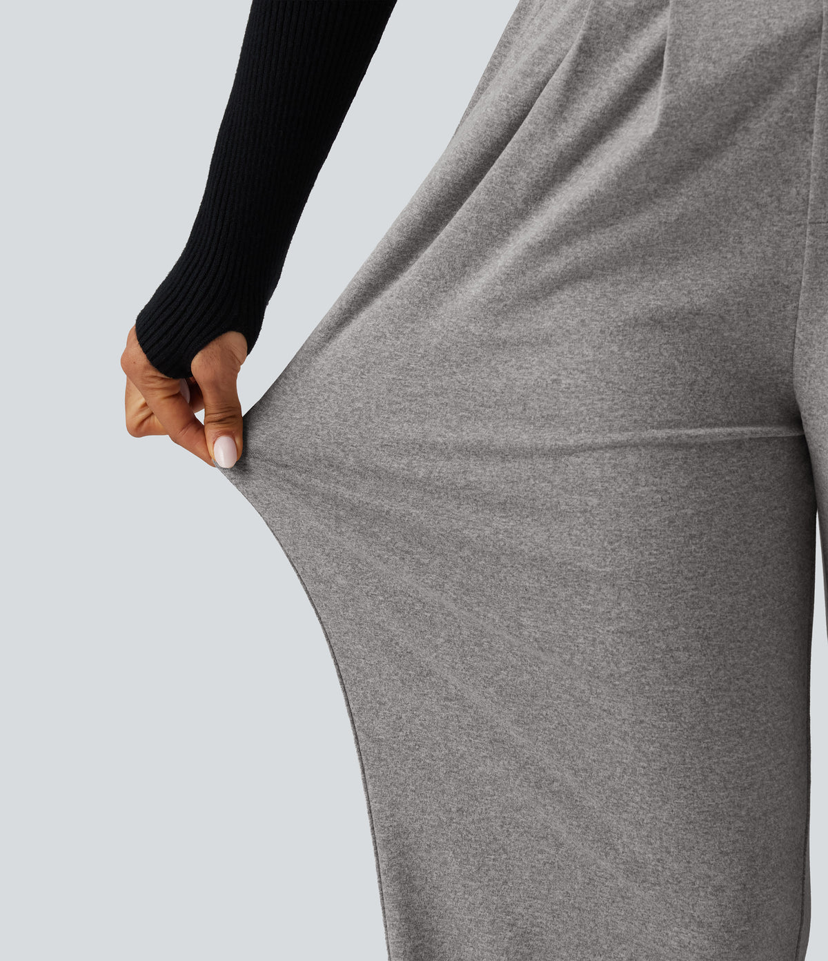 High Waisted Heathered Pleated Wide Leg Casual Trousers with Pockets — Fog Gray — view 4