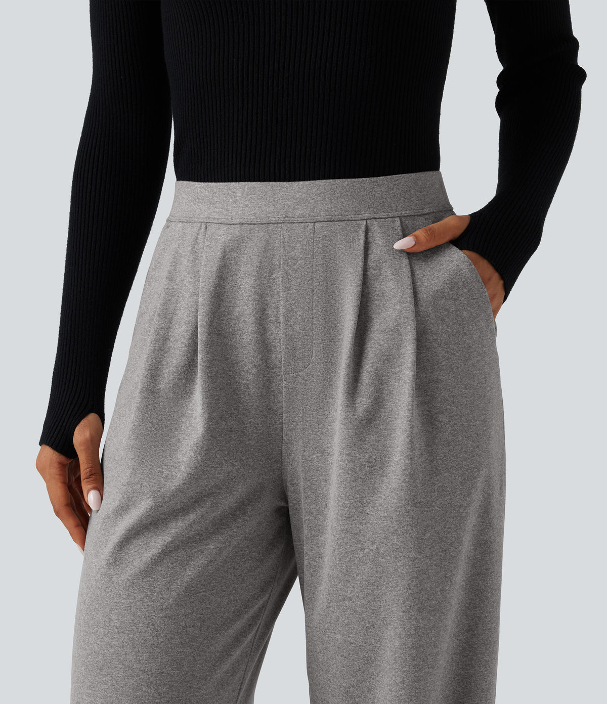 High Waisted Heathered Pleated Wide Leg Casual Trousers with Pockets — Fog Gray — view 5