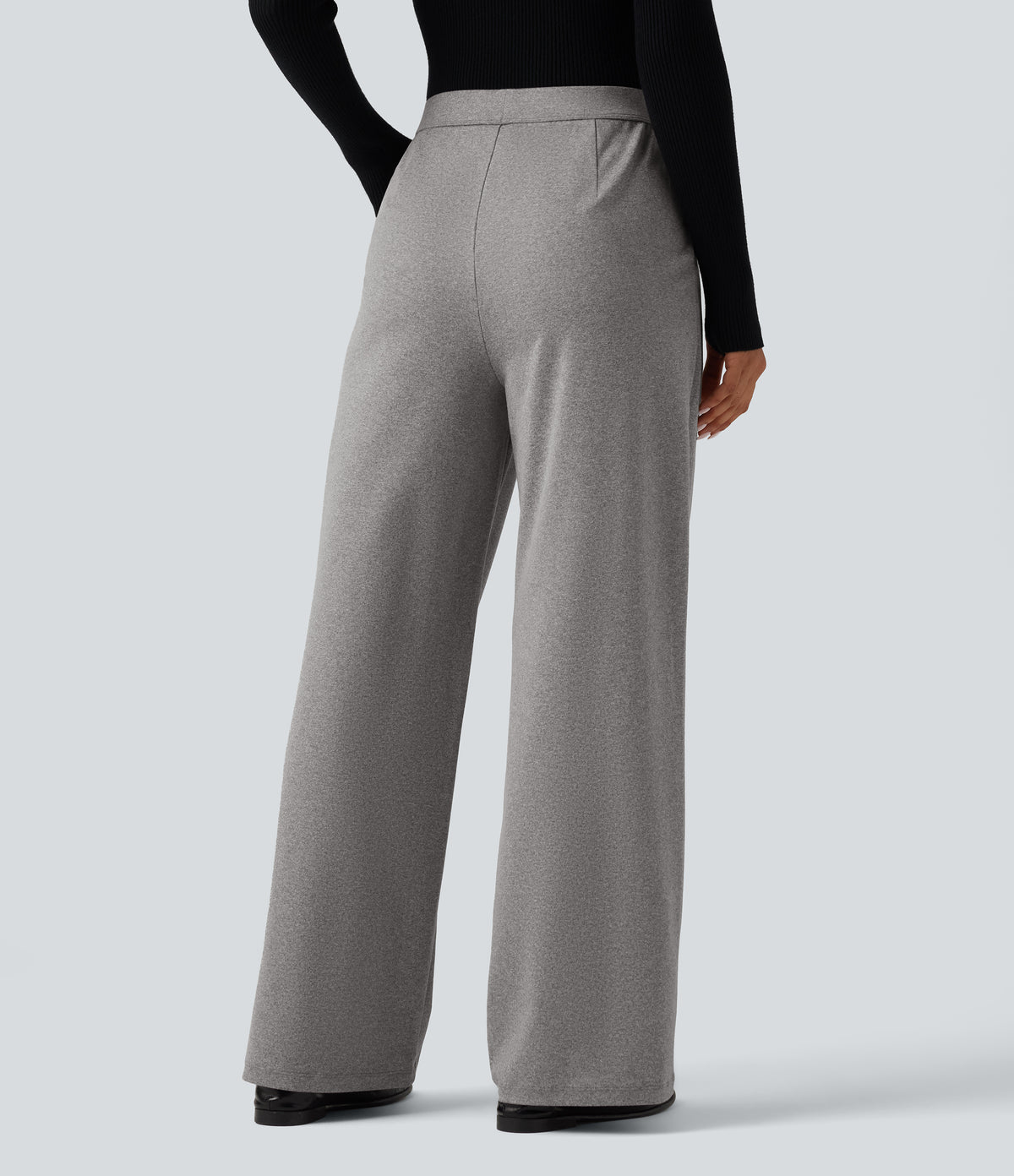 High Waisted Heathered Pleated Wide Leg Casual Trousers with Pockets — Fog Gray — view 2