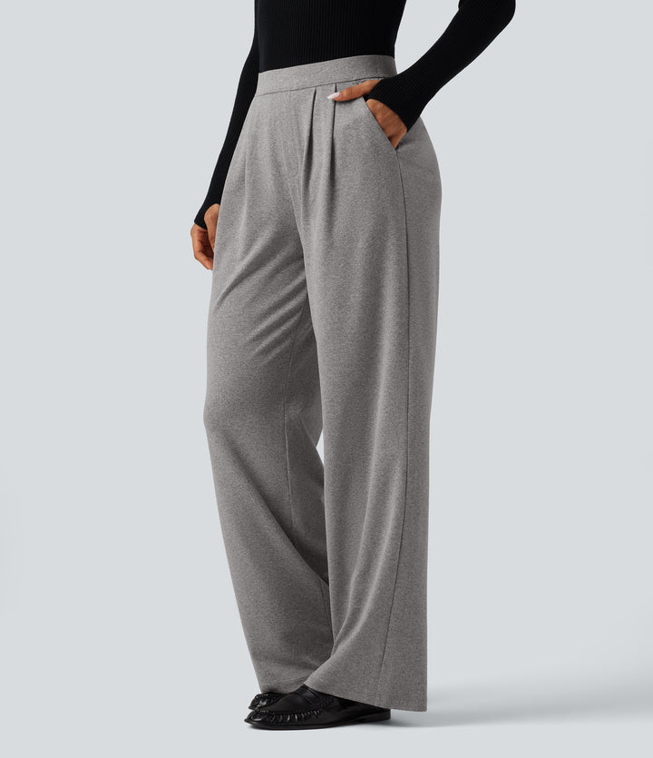 High Waisted Heathered Pleated Wide Leg Casual Trousers with Pockets — Fog Gray — view 1