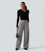 High Waisted Heathered Pleated Wide Leg Casual Trousers with Pockets — Fog Gray — view 7