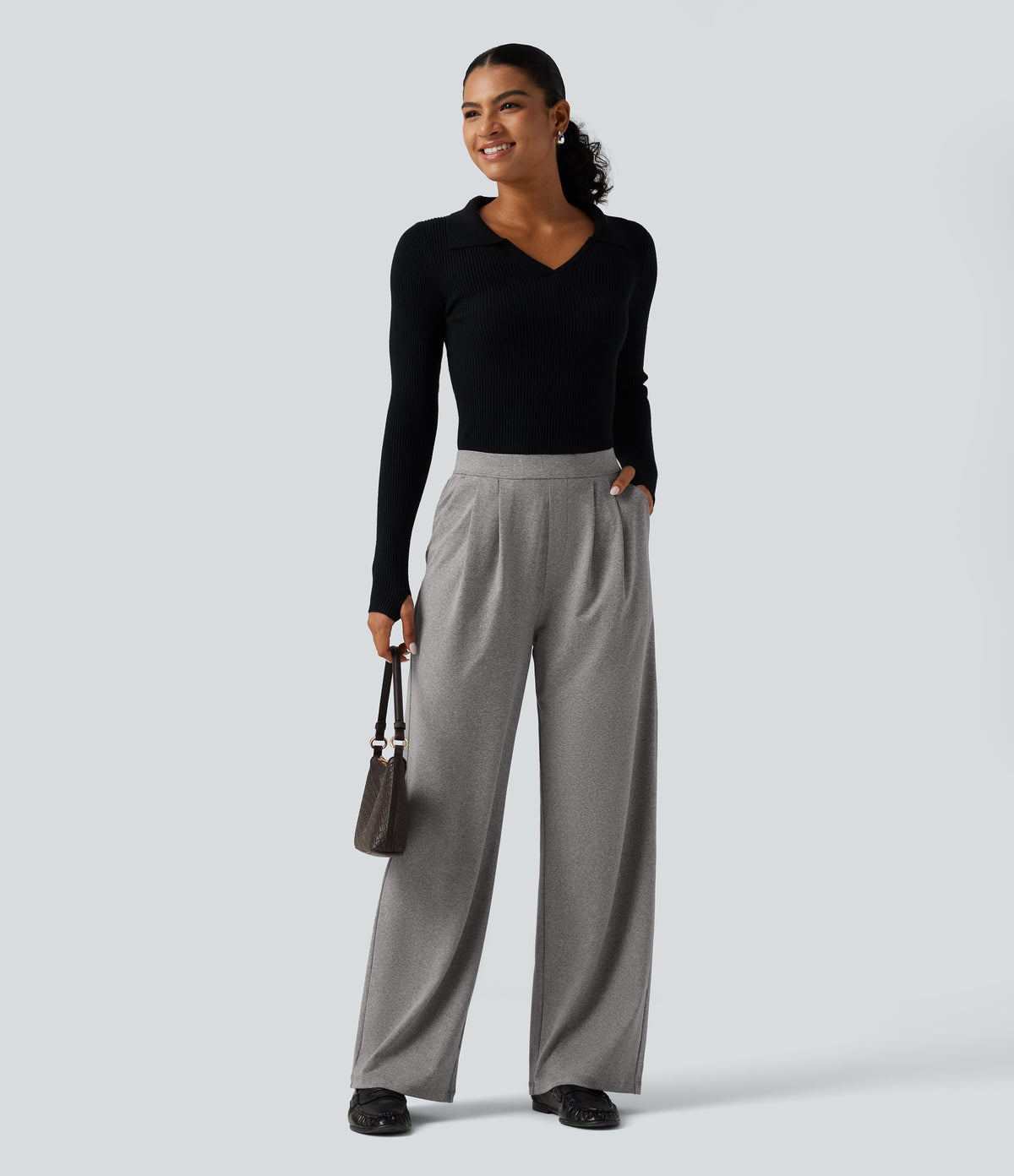 High Waisted Heathered Pleated Wide Leg Casual Trousers with Pockets — Fog Gray — view 7
