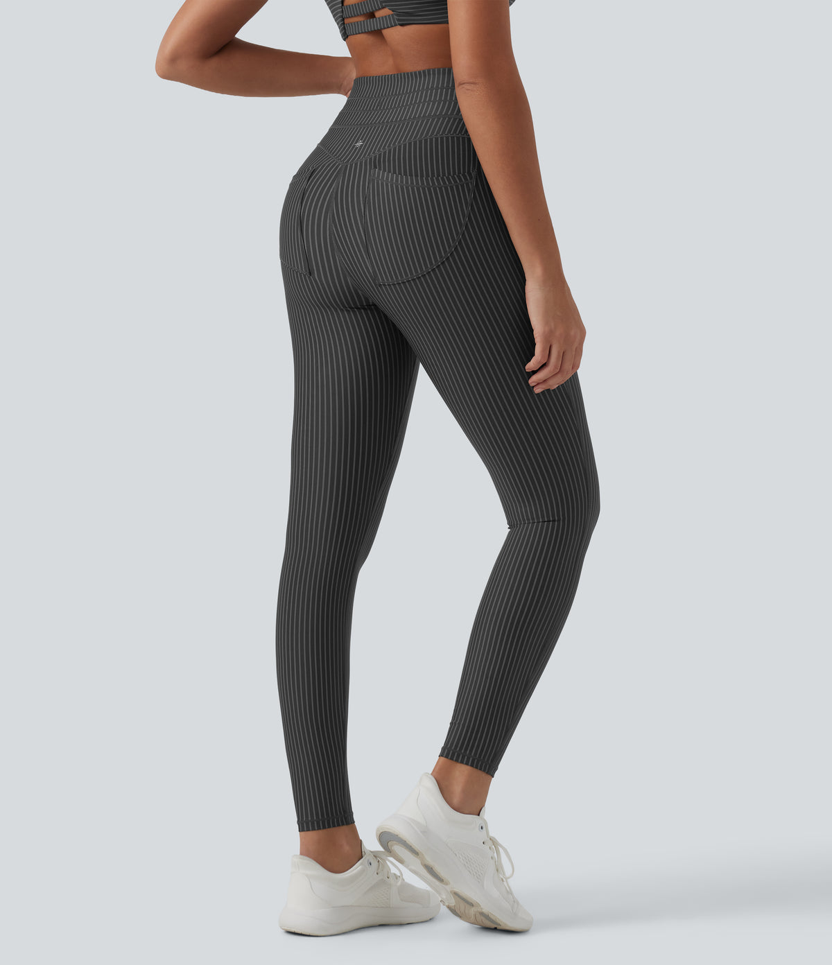 High Waisted Tummy Control Drawstring Striped Yoga Leggings with Pockets — Steel Stripe — view 2