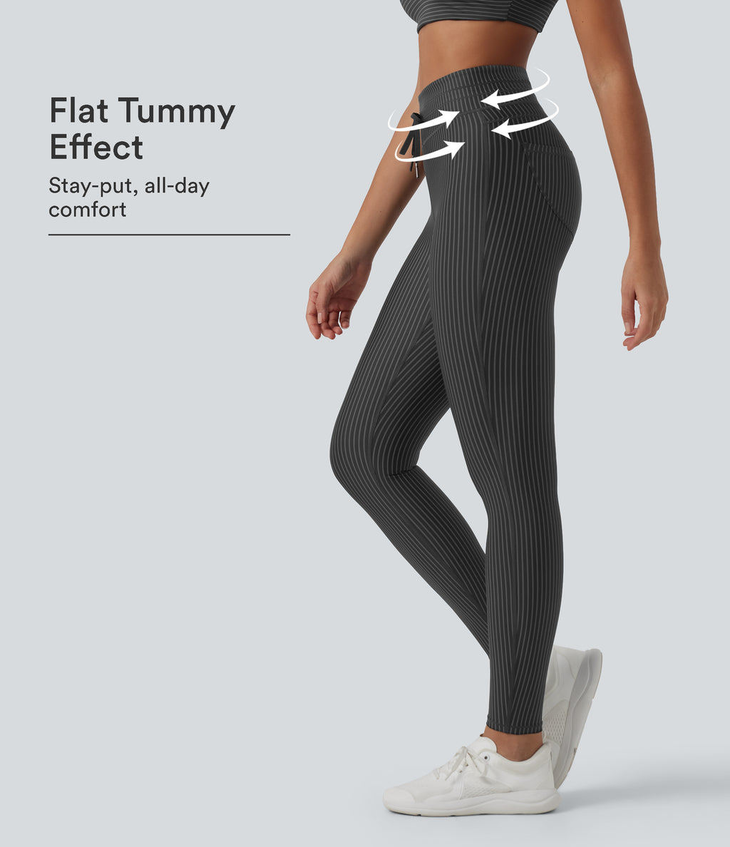 High Waisted Tummy Control Drawstring Striped Yoga Leggings with Pockets — Steel Stripe — view 1