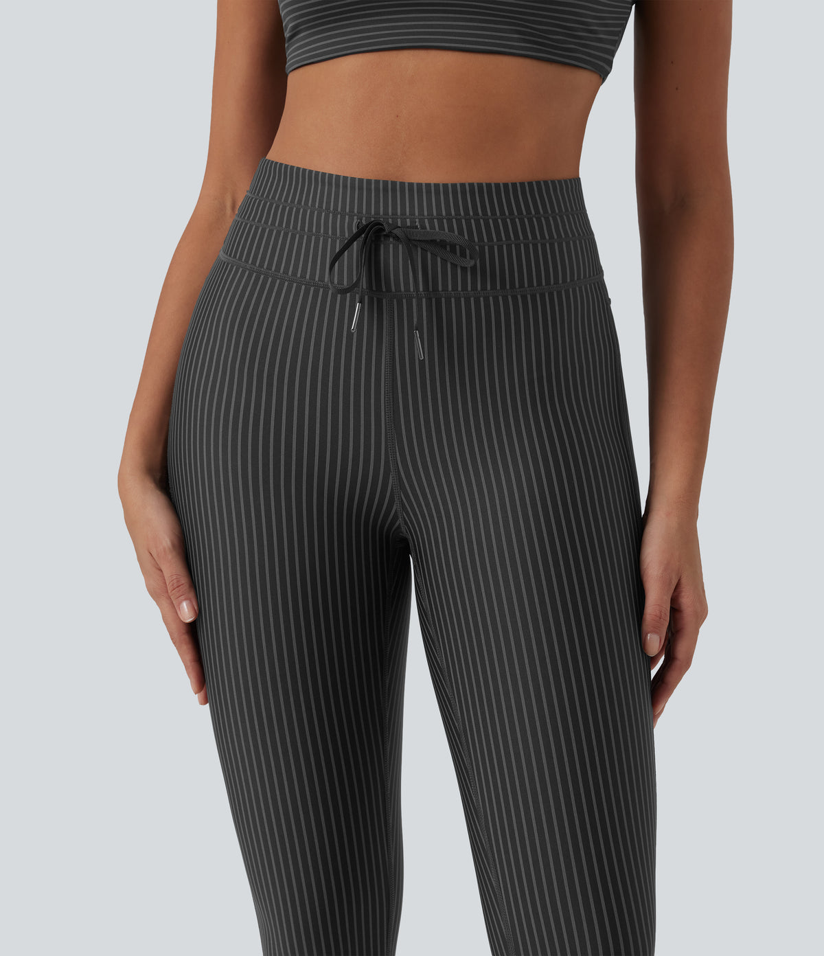 High Waisted Tummy Control Drawstring Striped Yoga Leggings with Pockets — Steel Stripe — view 4