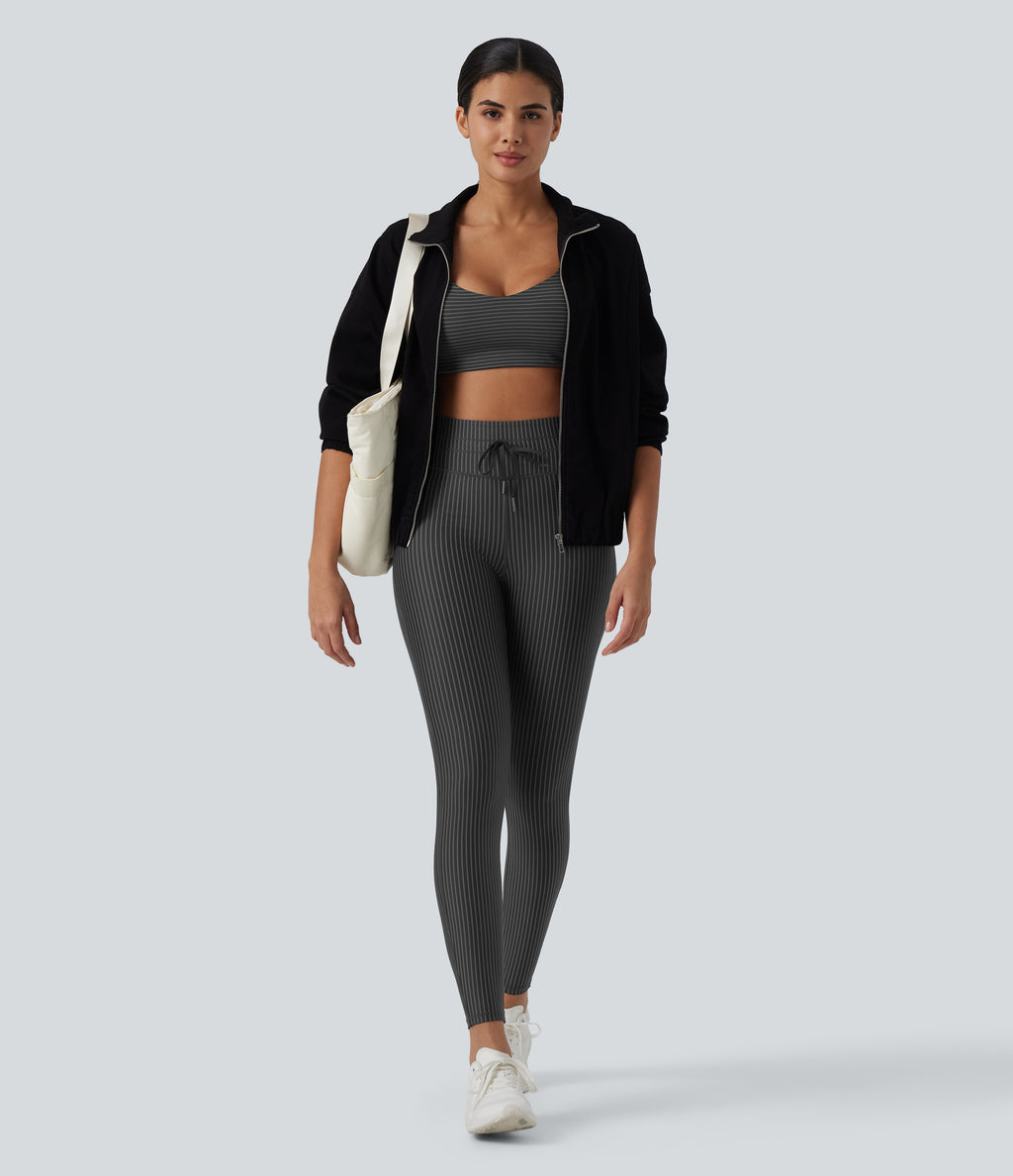 High Waisted Tummy Control Drawstring Striped Yoga Leggings with Pockets — Steel Stripe — view 6