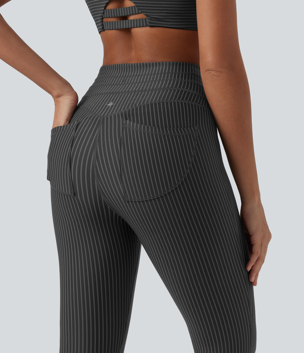 High Waisted Tummy Control Drawstring Striped Yoga Leggings with Pockets — Steel Stripe — view 5
