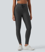 High Waisted Tummy Control Drawstring Striped Yoga Leggings with Pockets — Steel Stripe — view 3