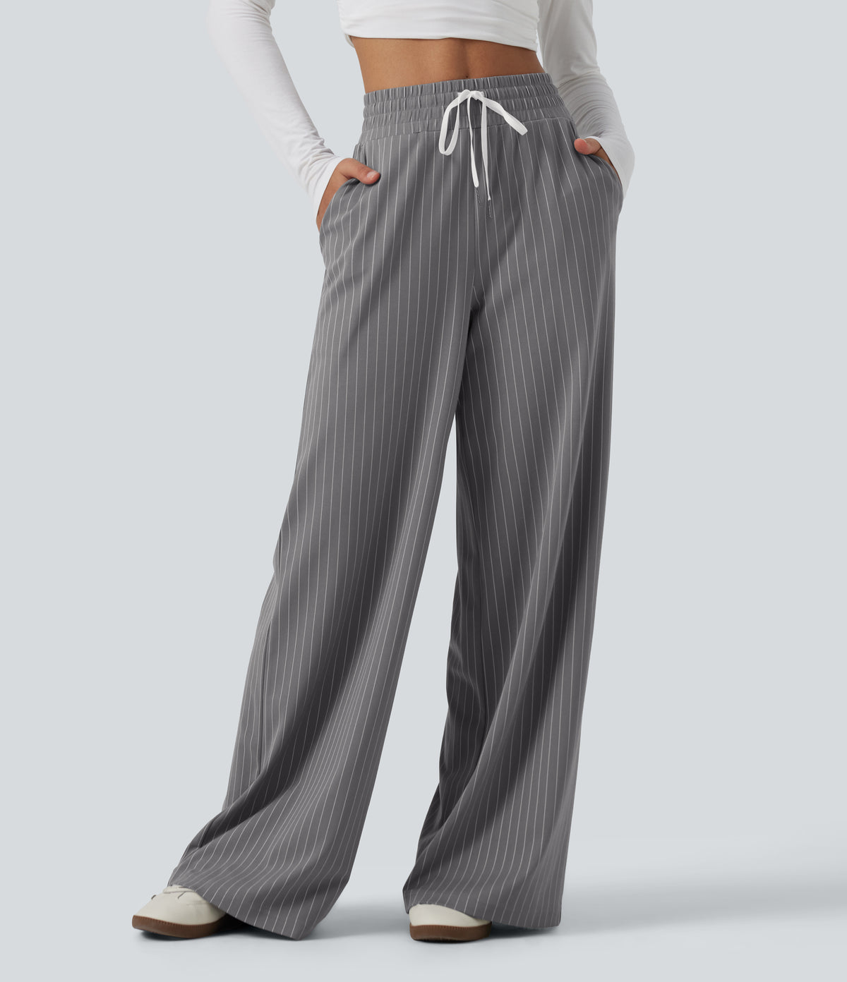 High Waisted Drawstring Wide Leg Stripe Workout Trousers with Pockets — Slate Pinstripe — view 1